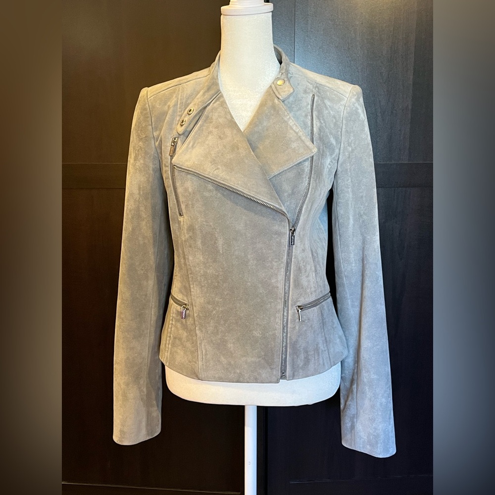 Calvin Klein faux suede moto jacket, asymmetrical zipper, notched lapels Grey XS